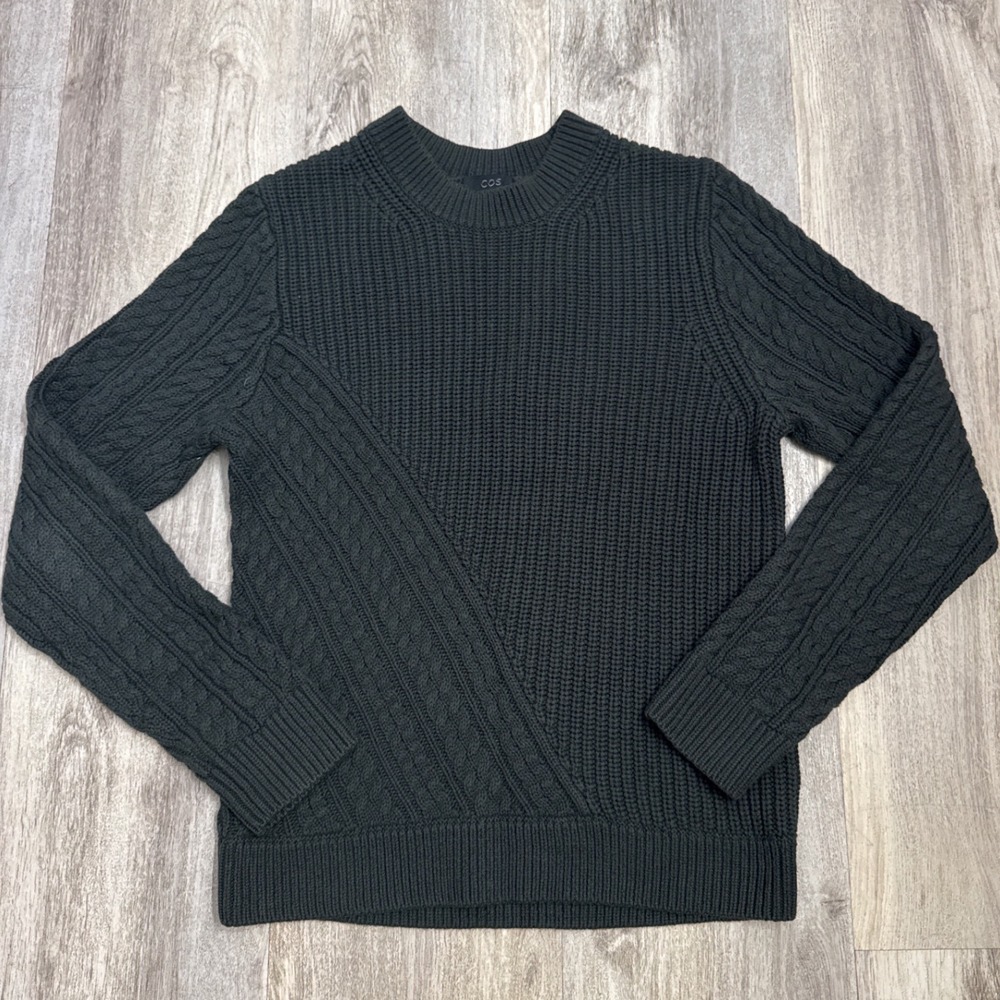 COS Mens Mixed Cable Ribbed Knit Sweater Dark Green Cotton Wool Blend‎ Small